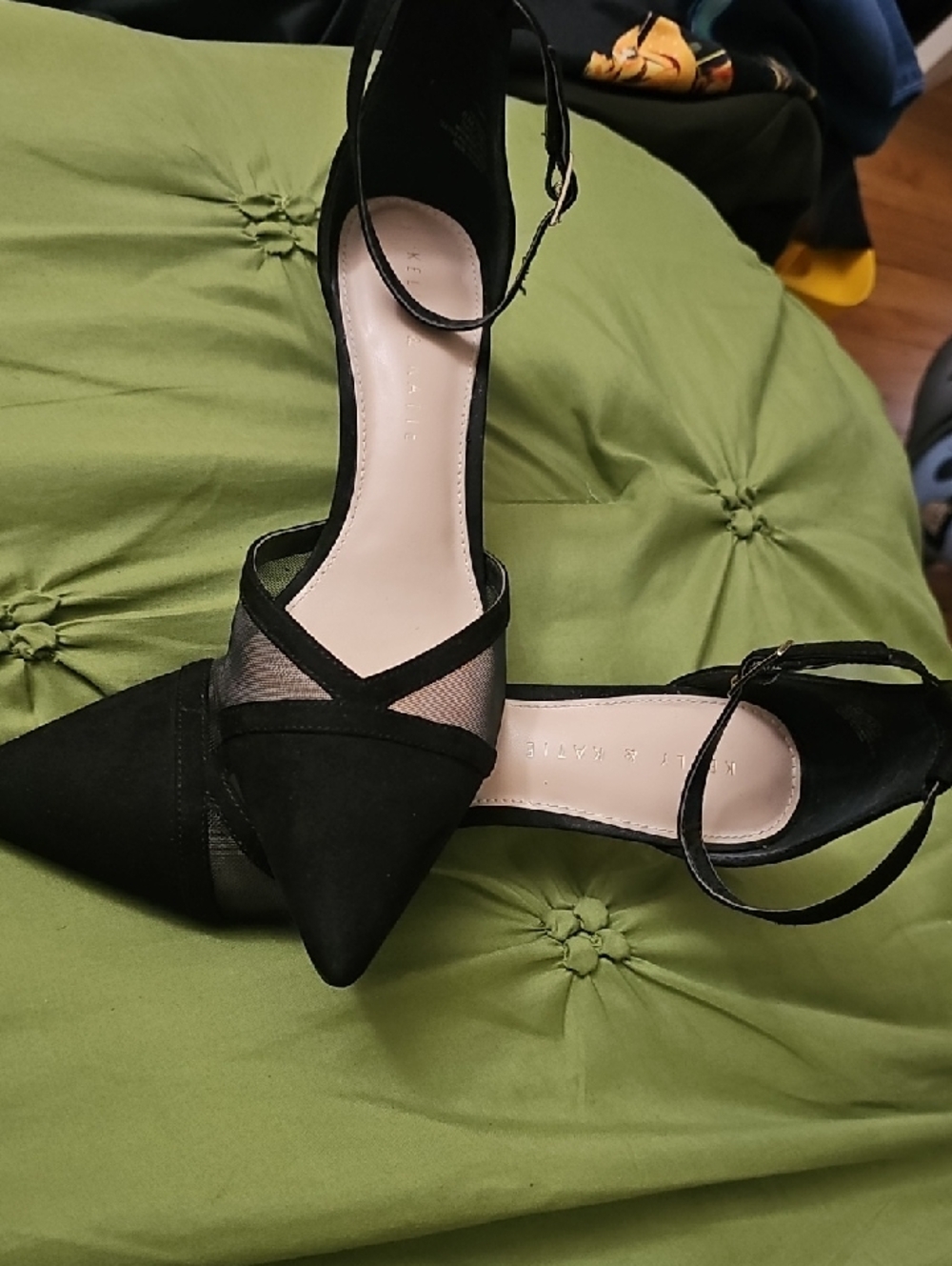Kelly & Katie Black Suede Pointed-Toe Ankle-Strap Heels with Mesh Insets